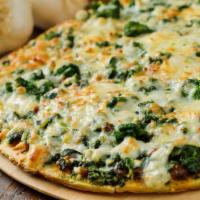 White Pizza With Spinach · Our fresh, daily made pizza dough topped with fresh garlic, olive oil, parmesan, fresh spina...