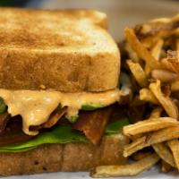 Blta · Bacon, lettuce, tomato, avocado and chipotle mayo on Texas toast with a side of fries.