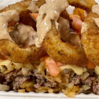 The Burger  Bowl · Hand-cut fries, chopped grilled onion, 7oz beef patty, house-made cheese sauce, chopped toma...
