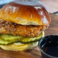 The Southern · Buttermilk fried chicken breast. Mike's hot honey dill pickles, on a brioche bun.