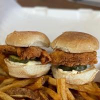 Chicken Slider Combo · 2-OF OUR HAND BATTERED CHICKEN MINI SANDWICHES WITH MAYO, PICKLE AND A SIDE OF FRIES
