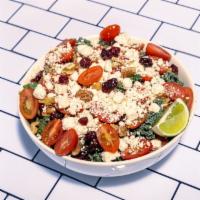 Kale Salad · Kale, cherry tomatoes, walnuts, feta cheese, cranberries, dressing (honey mustard vinaigrette)
