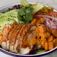 Chipotle Chicken Salad Bowl · Mixed Greens with Avocado, Tomatoes, Cucumbers, Red Onions, Black Beans, Roasted Corn, Roast...