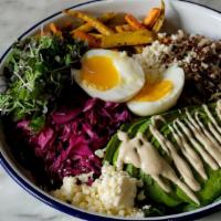 Quinoa Avocado & Egg Bowl · Red quinoa and brown rice, roasted carrots, avocado, crumbled feta,  micro-greens with lemon...