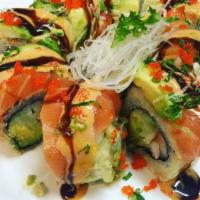 Hawaiian Roll · Spicy yellowtail and avocado inside. Topped with eel, tuna and avocado with house sauce, tob...