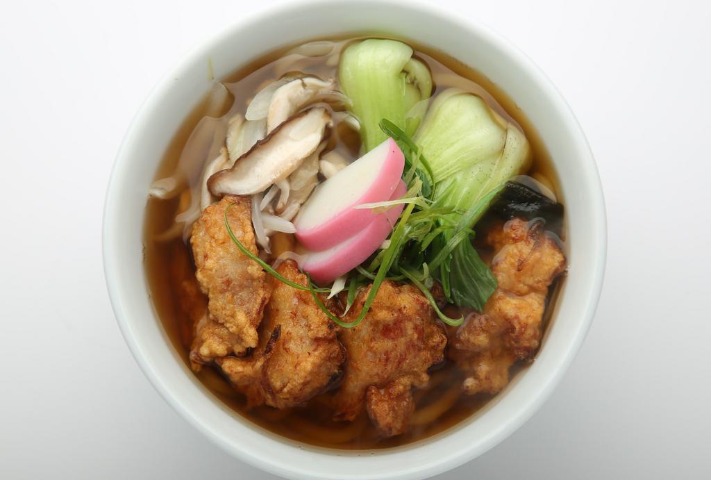 Karage Udon · Udon noodles in classic dashi (fish) based soup with Karage (fried chicken) topping