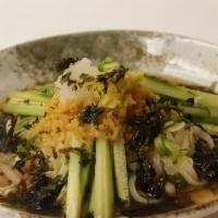 Cold Udon · Chilled dashi soy sauce broth, rice noodles, scallions, cucumbers
