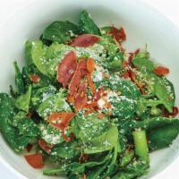 Spinach & Asparagus Salad · fresh spinach, pencil asparagus, crispy speck, pecorino, champagne vinaigrette