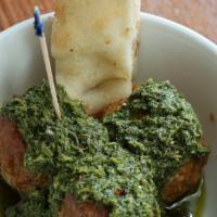 Special! Chorizo Balls W/Chimichurri Sauce · Earthly ingredients from sunny Spain come together for a richly flavored meatball paired wit...