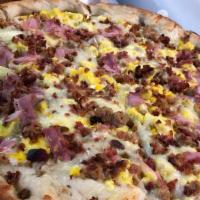 Large Pizza Breakfast · Bacon, sausage, ham, eggs and cheese. Vegetarian breakfast pizza available upon request.