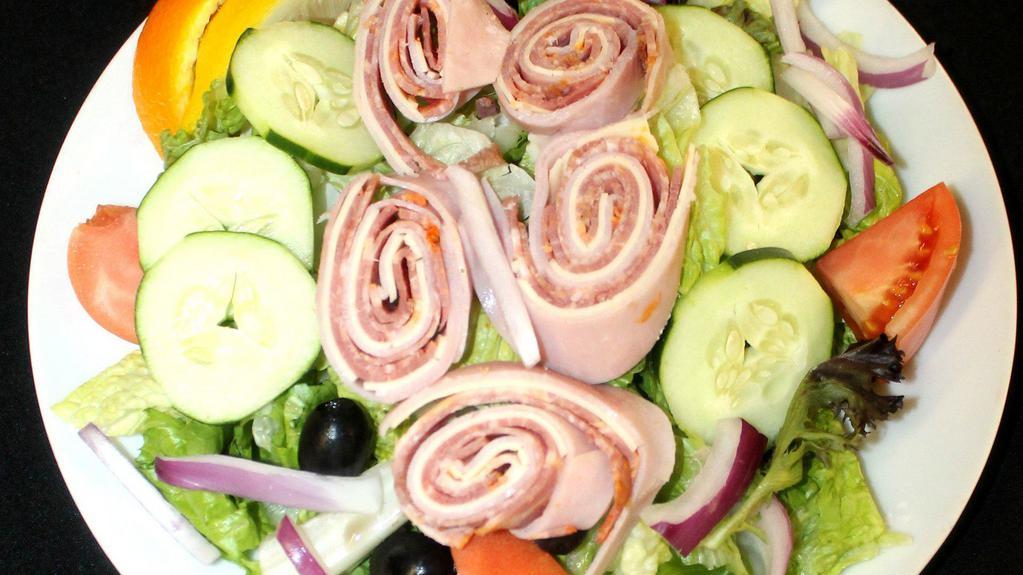 Antipasto Salad · Lettuce, cucumber, black olives, ham, capicola, salami & provolone cheese