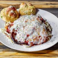 Eggplant Parmesan With Spaghetti · Garlic knot included.