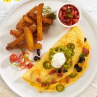 Bueno Mexicano Eggs  · Jalapenos, black beans, chorizo cooked in your style of eggs and topped with sour cream, sal...