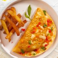 Merry Margherita Eggs · Eggs, mozzarella cheese, diced tomatoes & basil cooked with loaded cheese as an omelette or ...