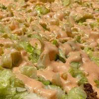 Big Mac Pizza · 8 slices. Beef, lettuce, tomatoes, pickles, mac sauce, American cheese.