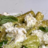 Rigatoni Pesto · Pesto,  Cream, Fresh Mozzarella, pecorino