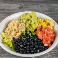 Loaded Guacamole Bowl (Vegan) · Black beans, corn, pico, lettuce, cilantro and salsa verde.