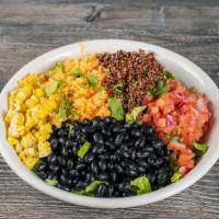 Black Bean Quinoa Bowl (Vegan) · Black beans, quinoa, corn, avocado, pico, salsa verde, cilantro and lettuce.
