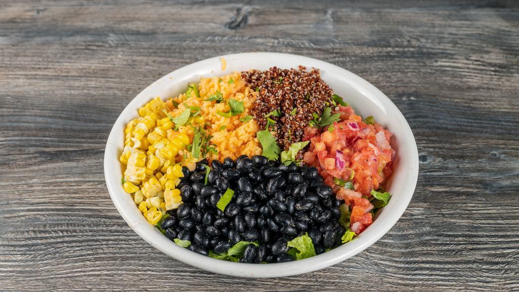 Black Bean Quinoa Bowl (Vegan) · Black beans, quinoa, corn, avocado, pico, salsa verde, cilantro and lettuce.