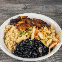 Sweet Plantain Rice Bowl (Vegan) · Sweet Plantains, black beans, marinated cabbage and carrots and cilantro.