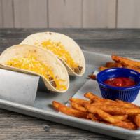 Kids Beef Tacos With Fries · With cheese. 2 Beef and Cheese Tacos on Flour Tortilla W/FRIES.
