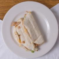 Grilled Chicken Quesadilla · Three flour tortillas with grilled chicken, cheese and pico de gallo garnish with sour cream.
