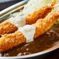 Shrimp 2Pc Curry · 2 Tempura-fried shrimp with tartar sauce, with Japanese curry and shredded cabbage over rice...