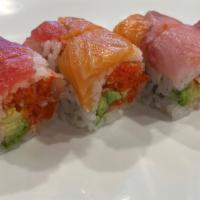 Triple Three Roll · Spicy. Spicy crunchy tuna and avocado inside wrapped with soy paper tuna salmon and yellowta...