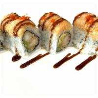 Golden Bridge Roll · Shrimp tempura avocado, lobster salad and tobiko on the top, eel sauce.