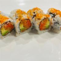 Queen Roll · Spicy tuna, spicy salmon, spicy yellowtail and avocado inside flying fish roe on the top.