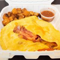 Turkey Bacon, Tomato & Cheese Omelet · Served with your choice of steamed rice, seasoned home fried potatoes or three fluffy butter...