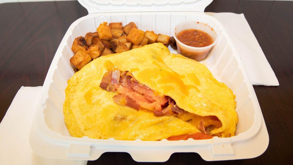 Turkey Bacon, Tomato & Cheese Omelet · Served with your choice of steamed rice, seasoned home fried potatoes or three fluffy buttermilk pancakes.