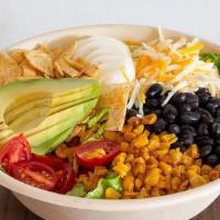 Mexican Cobb Salad · Romaine lettuce, avocado, pepper Jack cheese, cherry tomatoes, egg, corn, black beans, crunc...