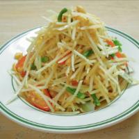 Y-2. Papaya Salad · Shredded green papaya, long beans, tomatoes, peanuts, dried shrimp powder, seasoned with Tha...
