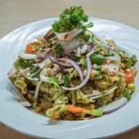Y-15. Crispy Chinese Watercress Salad · Battered-fry watercress, tossed with shrimp, squid, ground chicken, cashew nuts, scallion, r...
