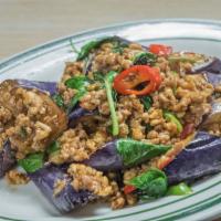 Sautéed Chinese Eggplant · Sautéed Chinese eggplant with choice of protein*, garlic, chili, and Thai basil.