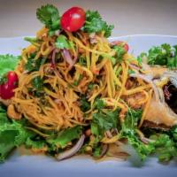 Fish Mango Salad · Fried red snapper topped with green mango salad, green onion, scallion, and cilantro.
( ABC ...
