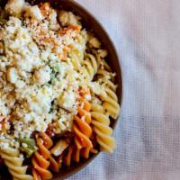 Tri-Color Spirale · Tri-color spirale pasta with chicken, fresh mozzarella, grape tomatoes, tomato sauce topped ...