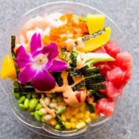 Hawaii Bowl · Tuna, onion, masago, green onion, seaweed salad, ponzu sauce.