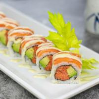 L-3 Hot Paradise Roll · Spicy tuna crunchy & avocado inside, topped w. fresh salmon, wasabi mayo