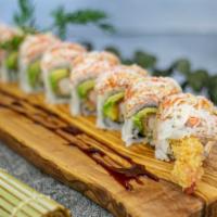 L10 Sweet Home Roll · Shrimp tempura & avocado inside, topped w.  honey crab, eel sauce