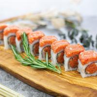 L-2 Spicy Tuna King Roll · Spicy tuna and crunchy inside, Topped w. spicy tuna  crunchy and eel sauce