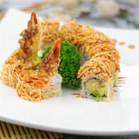 L8 Ginza Roll · Shrimp tempura inside, topped w. spicy crab