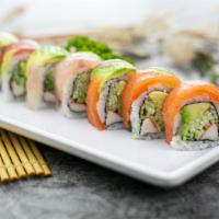 L-1 Rainbow Roll · cucumber, avocado, kani inside, topped with 4 kind fish and avocado.
