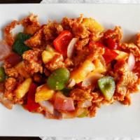 L- Pineapple Chicken · Crispy white meat chicken sauteed with fresh pineapple, bell pepper, and onion in pineapple ...