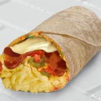 Ranchero Wrap · Served with 3 eggs, pepper jack cheese, jalapeno salsa, cream cheese and bacon.