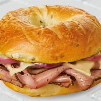 Ellis Island Hot Pastrami Sandwich Lunch · Rye bagel with Swiss cheese, grilled onions and spicy mustard.