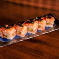 Salmon Mille-Feuille Roll · Layered spicy salmon, seared salmon, avocado, jalapeno and sushi rice. Topped with tobiko an...