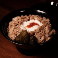 Yoshino-Ya Gyudon · The most famous beef bowl in the world. Topped with poached organic egg and pickled red ging...
