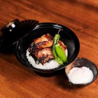 Yakitori Don · Broiled organic chicken thigh marinated in shio-koji on white rice. Served with poached orga...